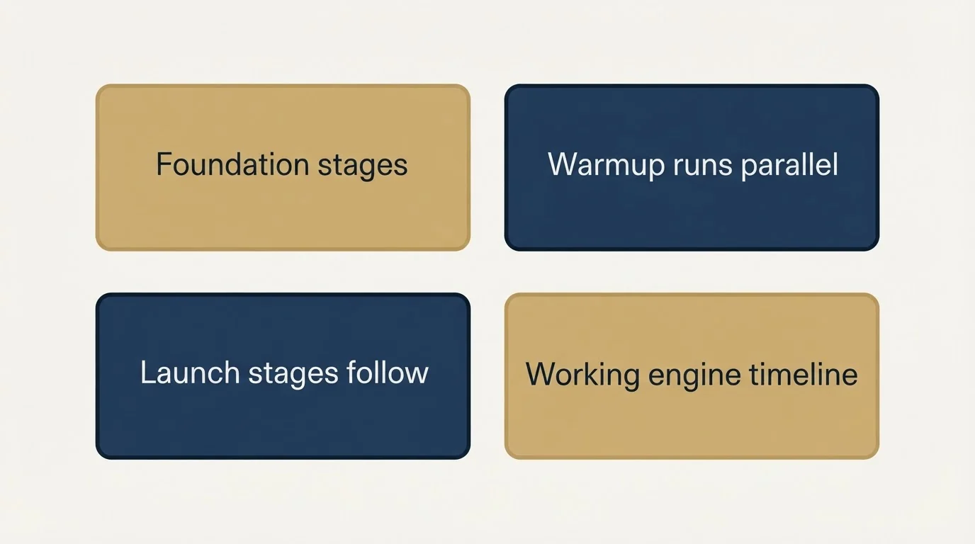 Schematic: A Realistic Timeline (Foundation stages, Warmup runs parallel, Launch stages follow, Working engine timeline)