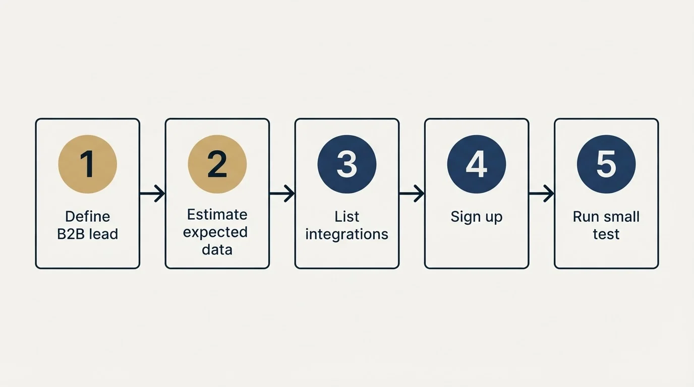 Step sequence: Getting Started Checklist (Define B2B lead, Estimate expected data, List integrations, Sign up)