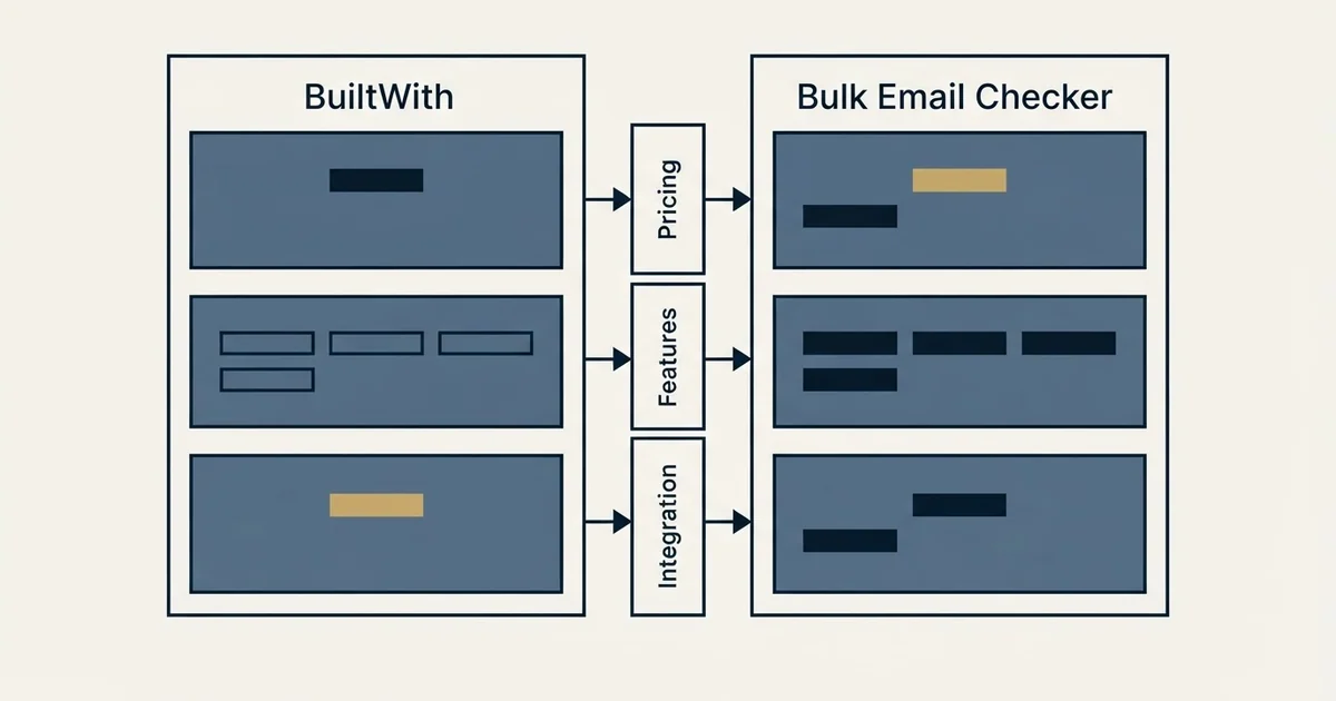 Comparison panel: BuiltWith vs Bulk Email Checker (Pricing, Features, Integration)