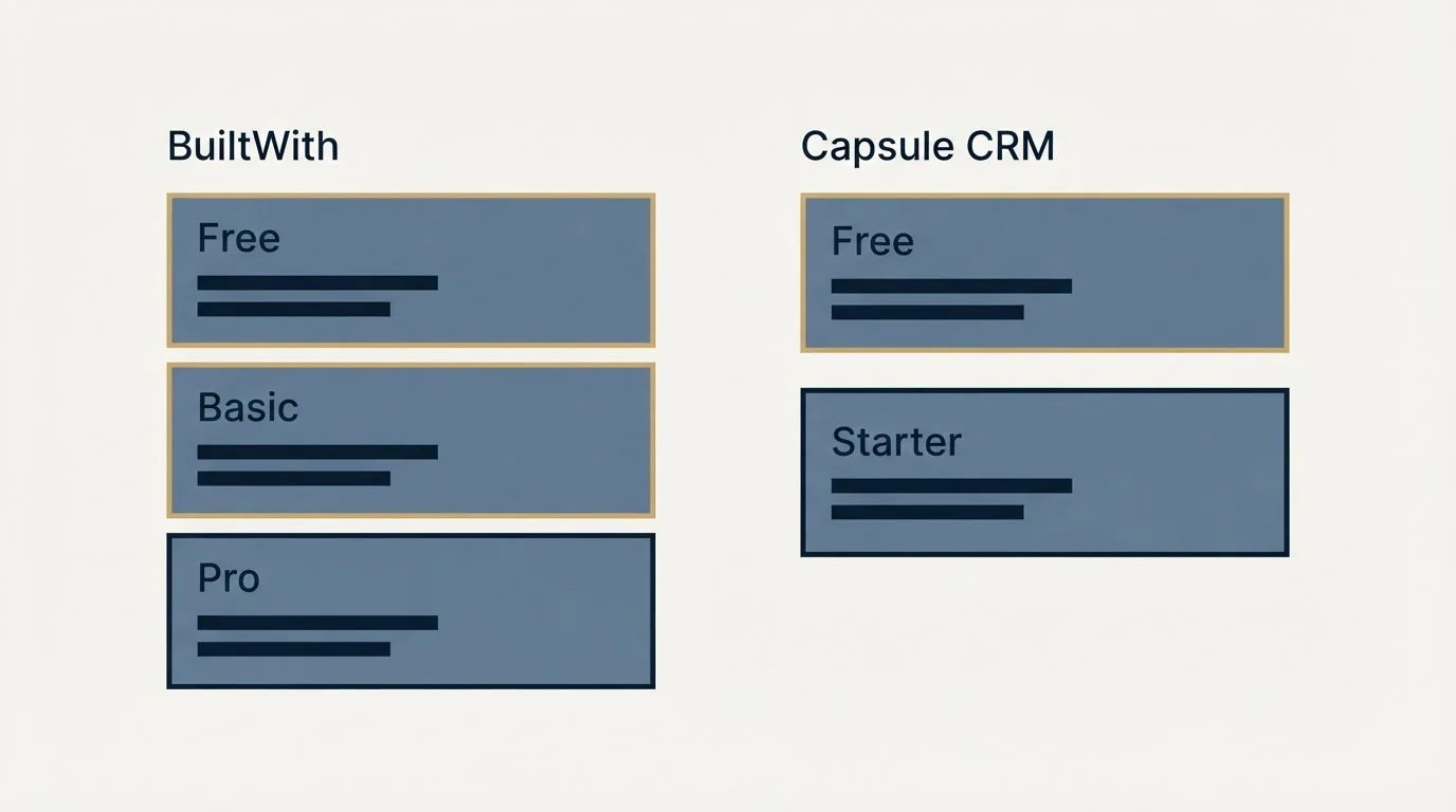 Pricing panels: Pricing Comparison (BuiltWith, Capsule CRM, Free, Basic)