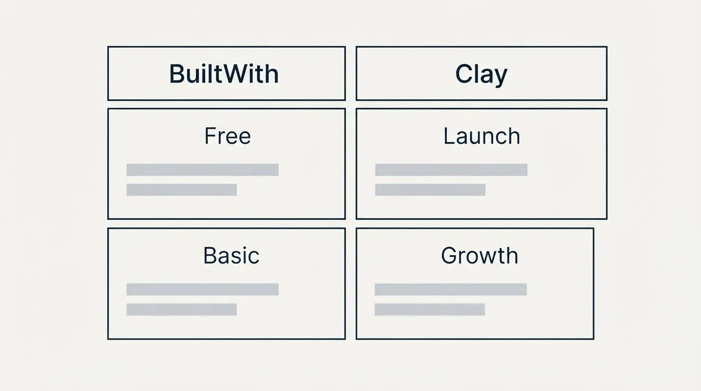 Pricing table: Pricing Comparison (BuiltWith, Clay, Free, Launch)