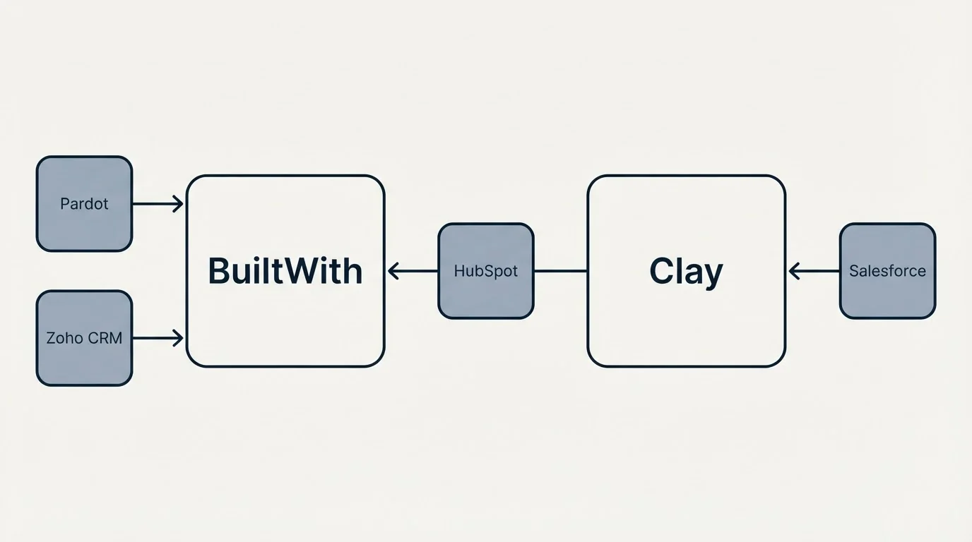 Integration flow: Integration Ecosystem (BuiltWith, Clay, HubSpot, Pardot)
