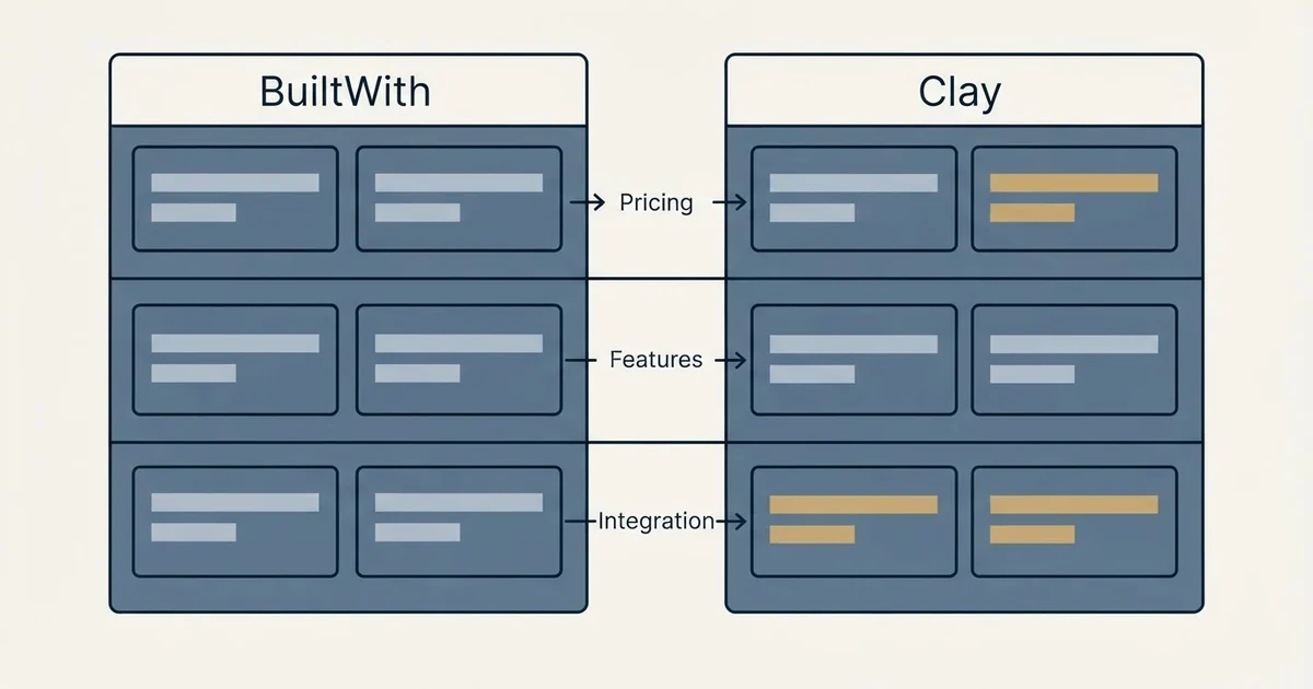 Comparison panel: BuiltWith vs Clay (Pricing, Features, Integration)
