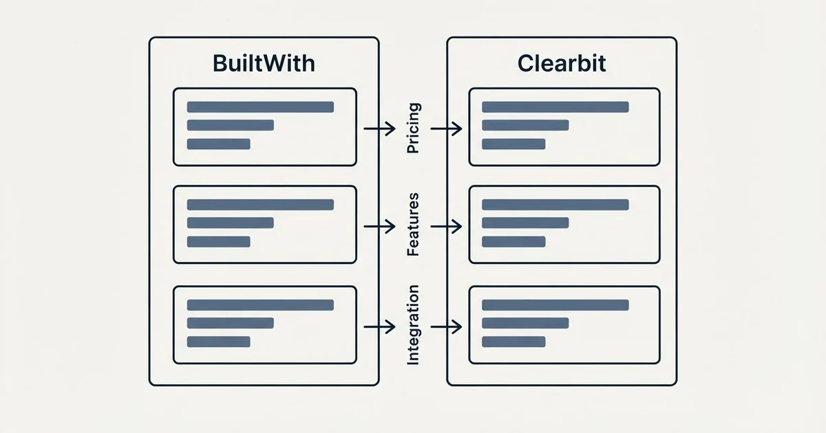 Comparison panel: BuiltWith vs Clearbit (Pricing, Features, Integration)