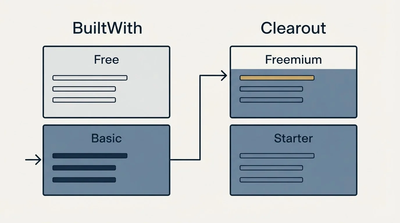 Pricing panels: Pricing Comparison (BuiltWith, Clearout, Free, Freemium)