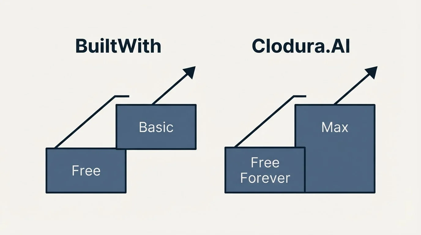 Pricing ladder: Pricing Comparison (BuiltWith, Clodura.AI, Free, Free Forever)
