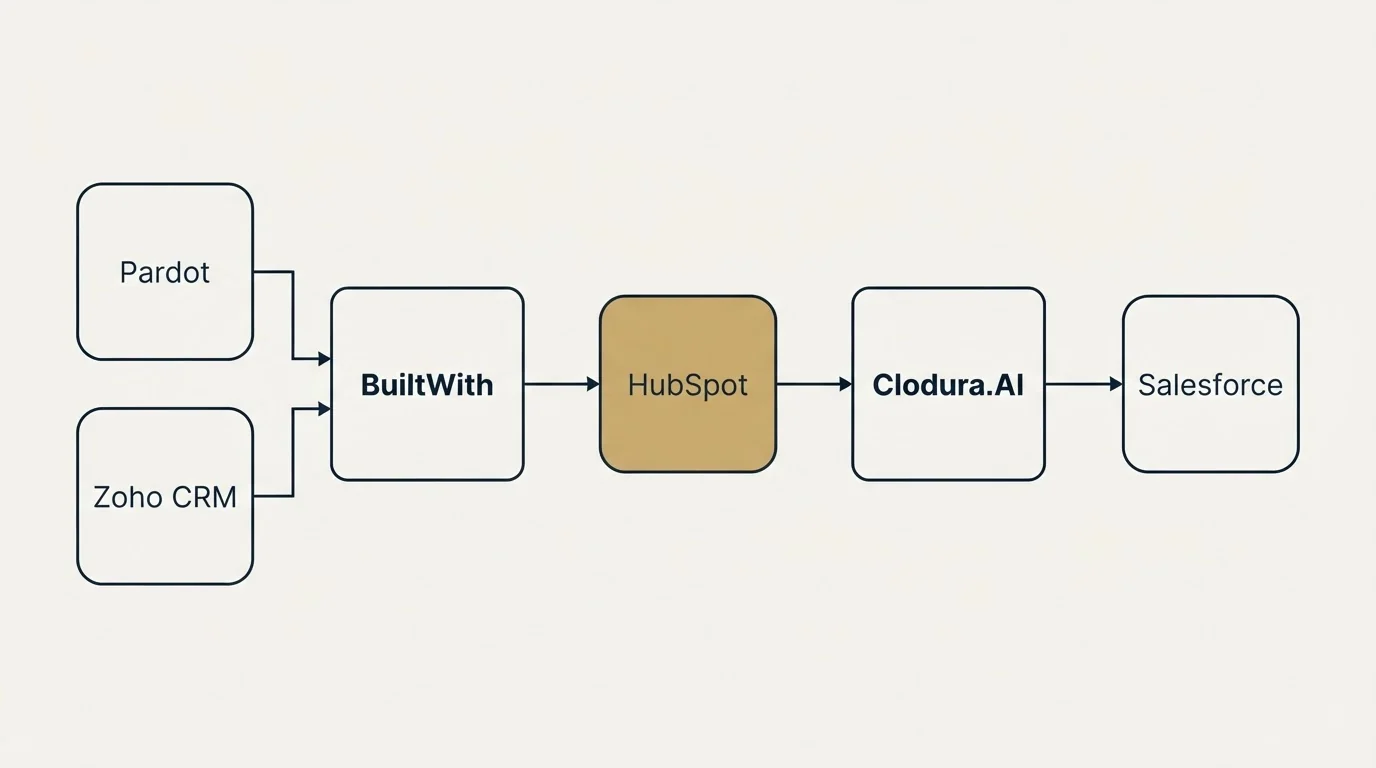 Integration flow: Integration Ecosystem (BuiltWith, Clodura.AI, HubSpot, Pardot)
