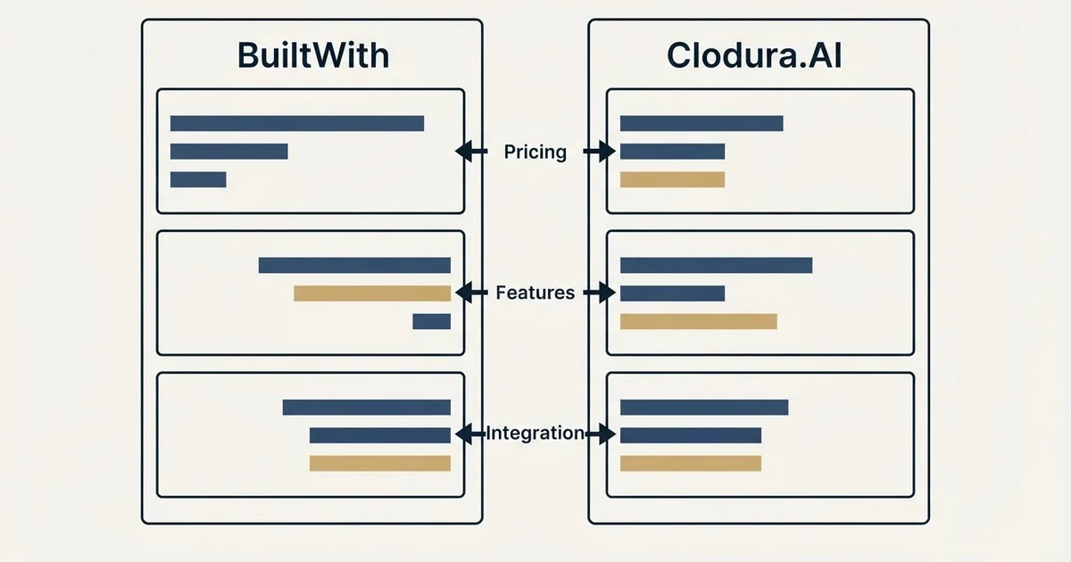 Comparison panel: BuiltWith vs Clodura.AI (Pricing, Features, Integration)