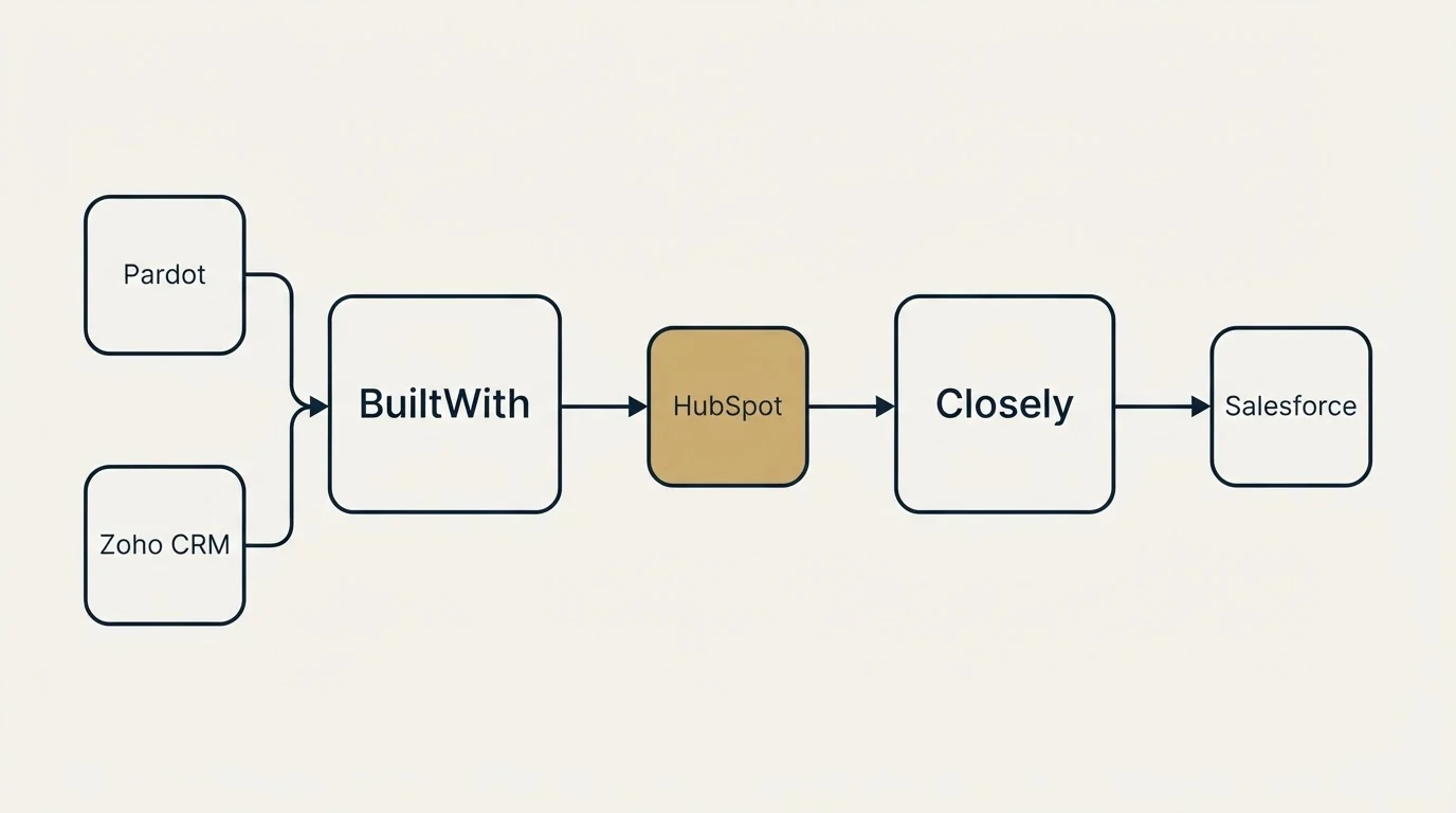 Integration schematic: Integration Ecosystem (BuiltWith, Closely, HubSpot, Pardot)