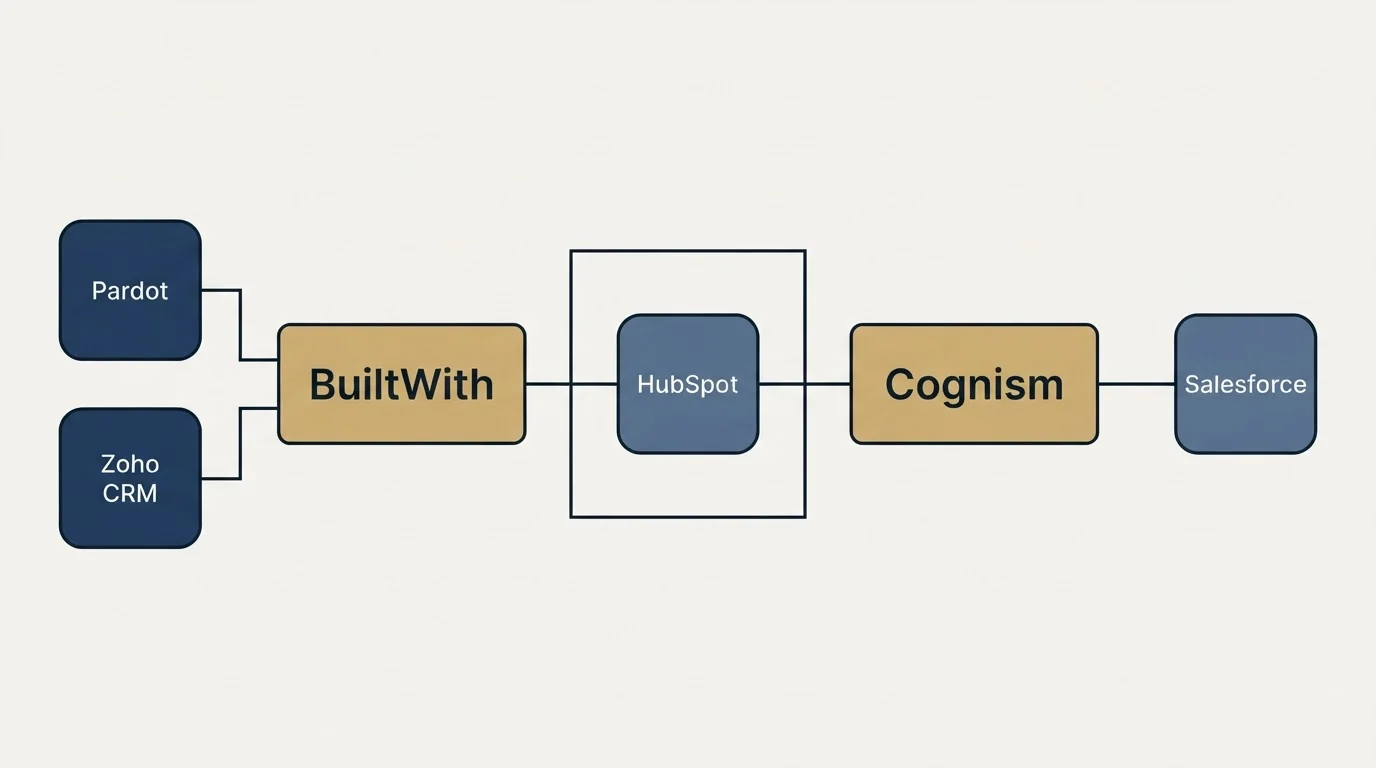 Integration flow: Integration Ecosystem (BuiltWith, Cognism, HubSpot, Pardot)