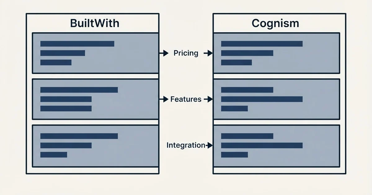Comparison panel: BuiltWith vs Cognism (Pricing, Features, Integration)