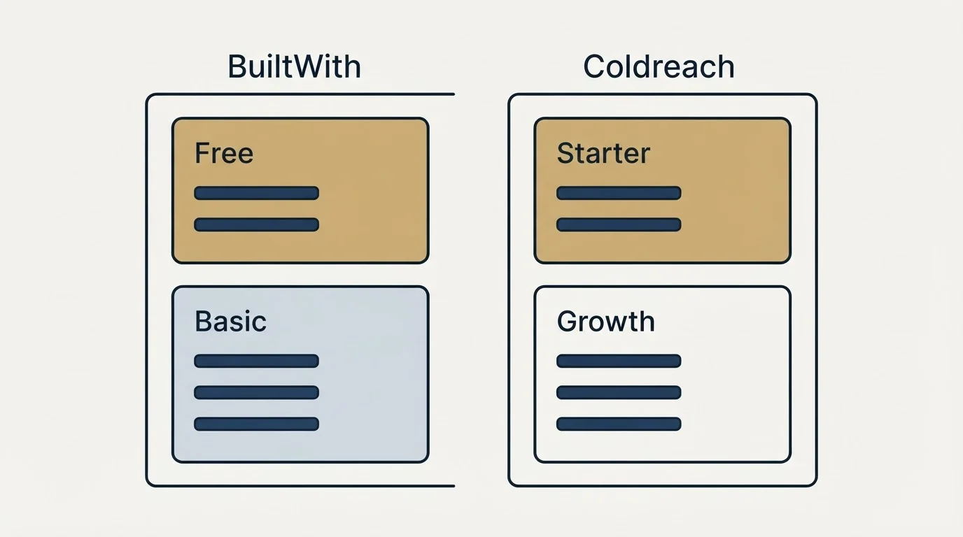 Pricing panels: Pricing Comparison (BuiltWith, Coldreach, Free, Starter)