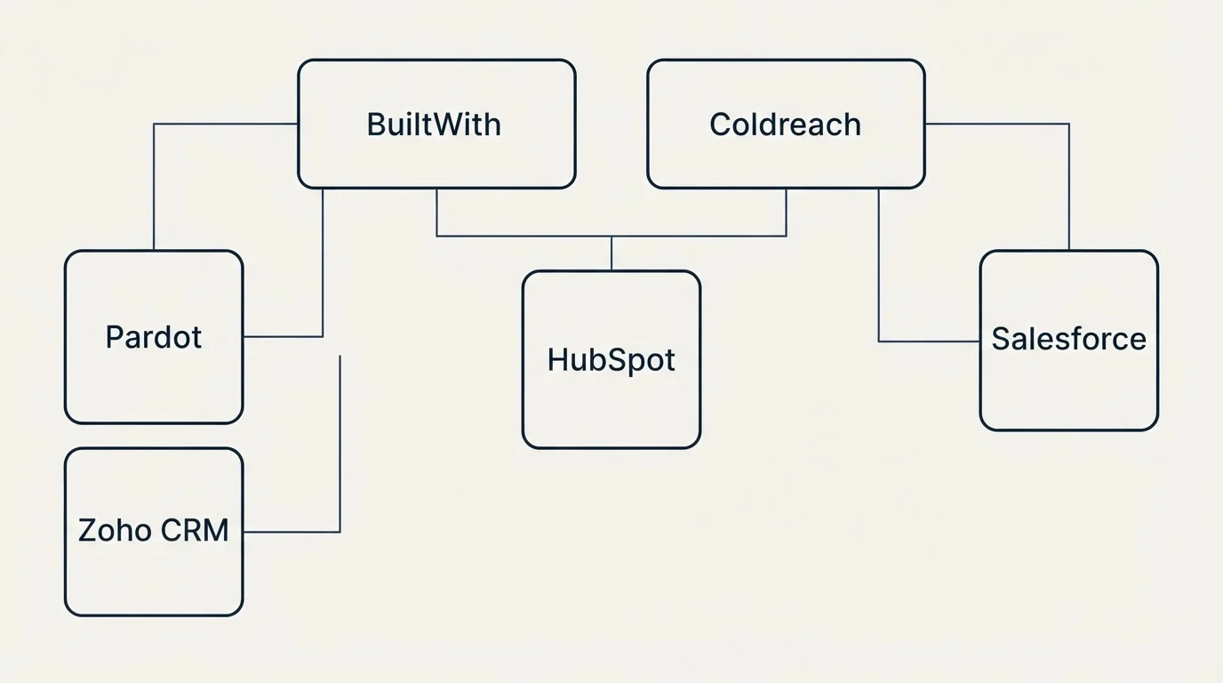 Integration grid: Integration Ecosystem (BuiltWith, Coldreach, HubSpot, Pardot)