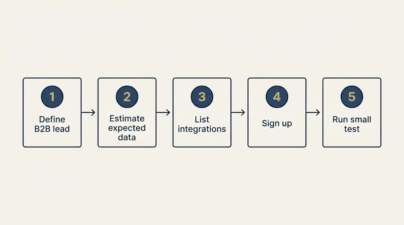 Step sequence: Getting Started Checklist (Define B2B lead, Estimate expected data, List integrations, Sign up)