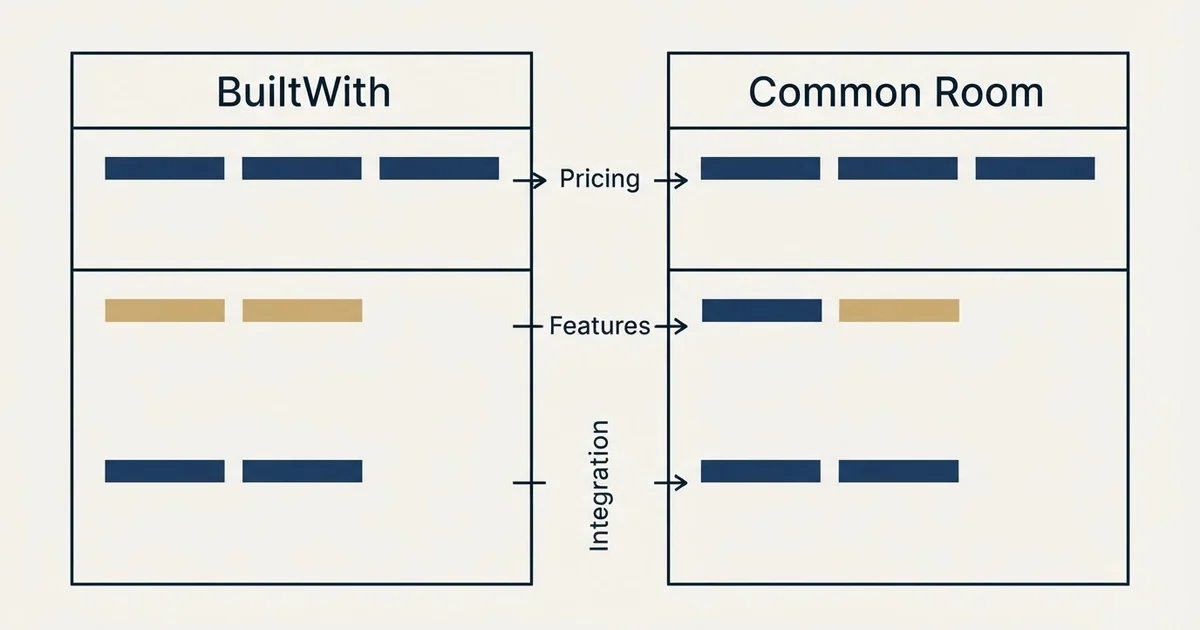 Comparison panel: BuiltWith vs Common Room (Pricing, Features, Integration)