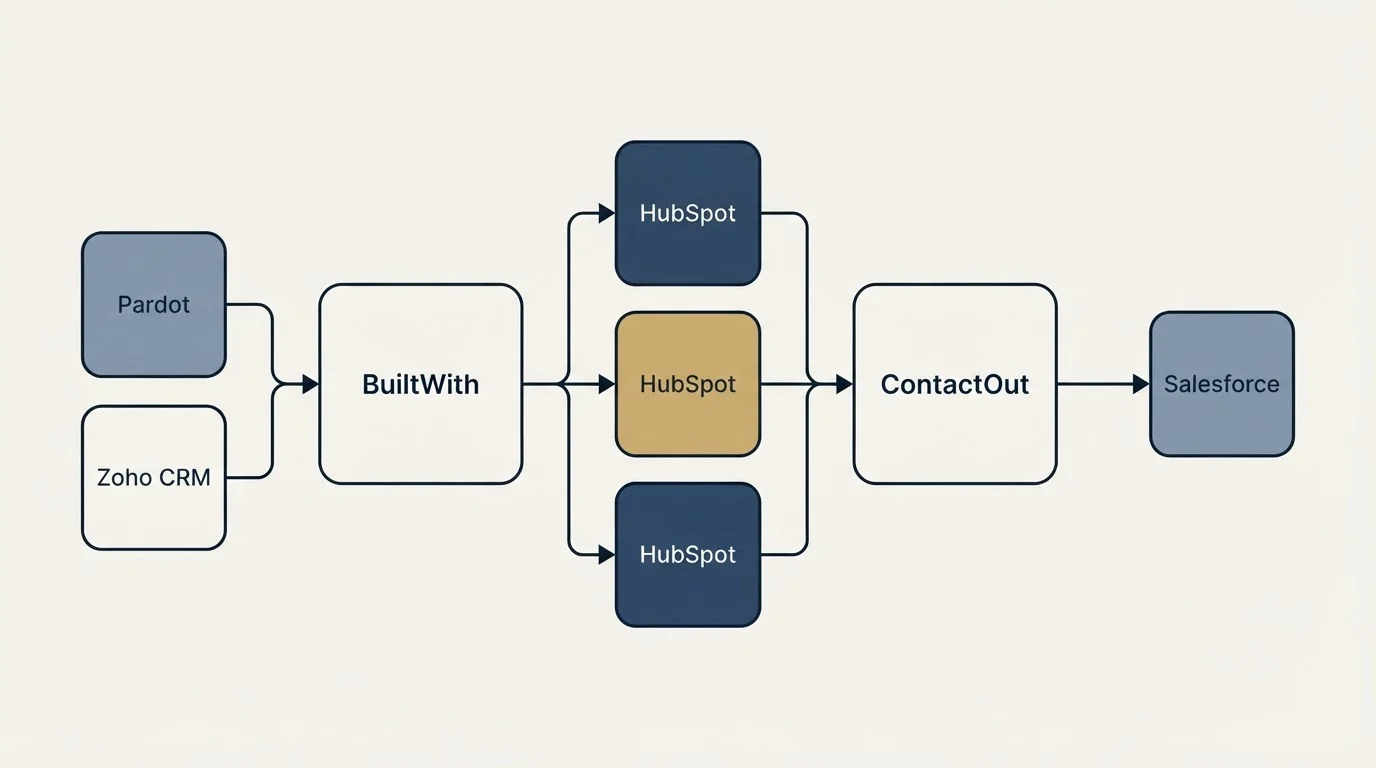 Integration flow: Integration Ecosystem (BuiltWith, ContactOut, HubSpot, Pardot)