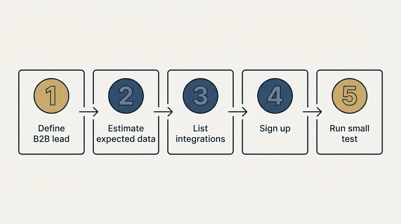 Step sequence: Getting Started Checklist (Define B2B lead, Estimate expected data, List integrations, Sign up)