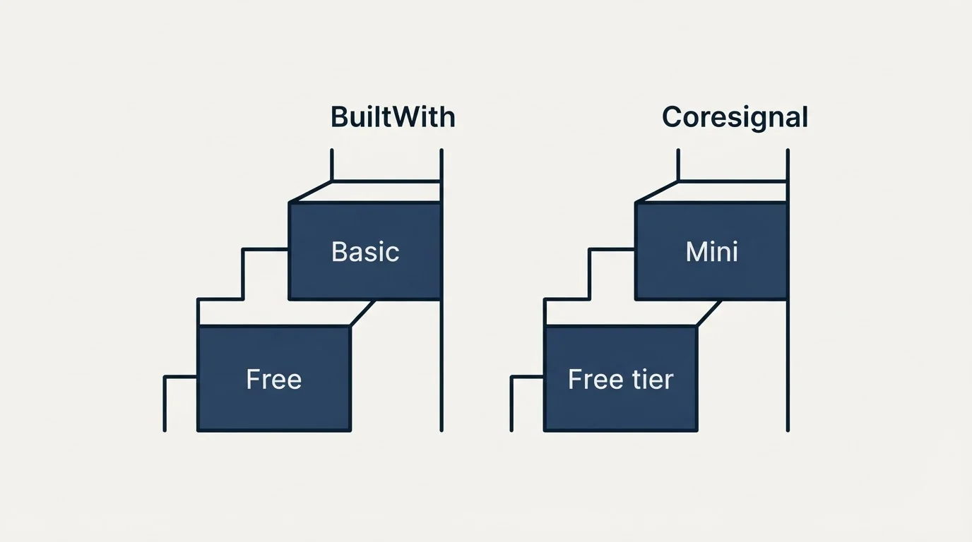 Pricing ladder: Pricing Comparison (BuiltWith, Coresignal, Free, Free tier)