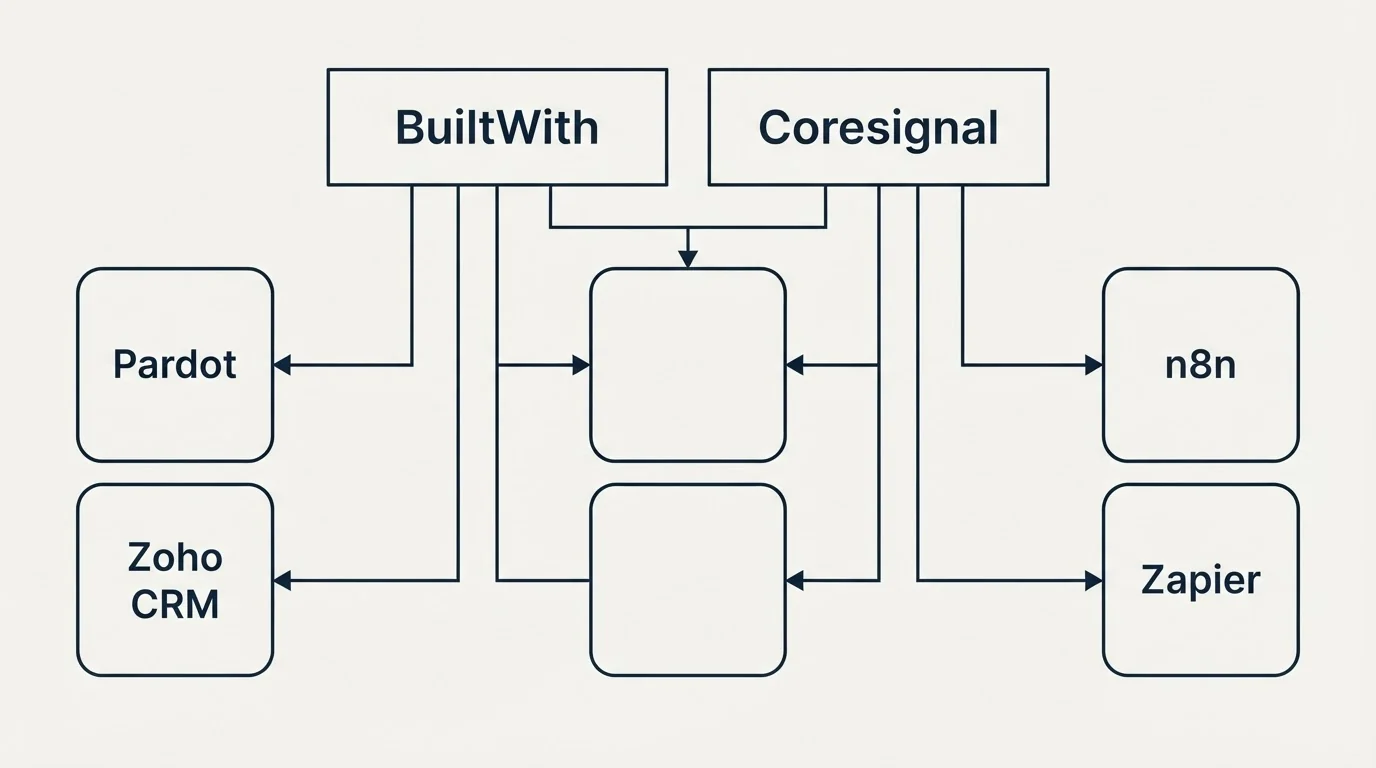Integration grid: Integration Ecosystem (BuiltWith, Coresignal, Pardot, n8n)