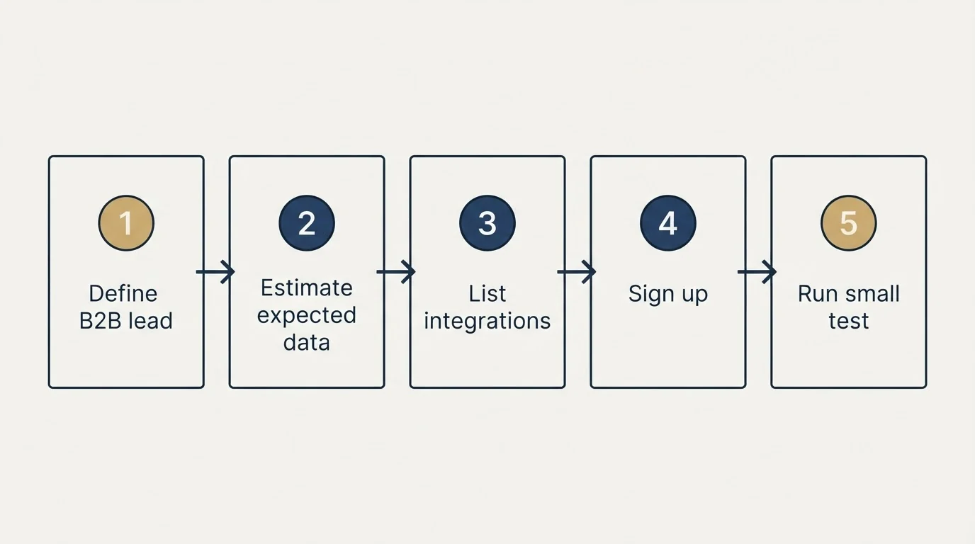 Step sequence: Getting Started Checklist (Define B2B lead, Estimate expected data, List integrations, Sign up)