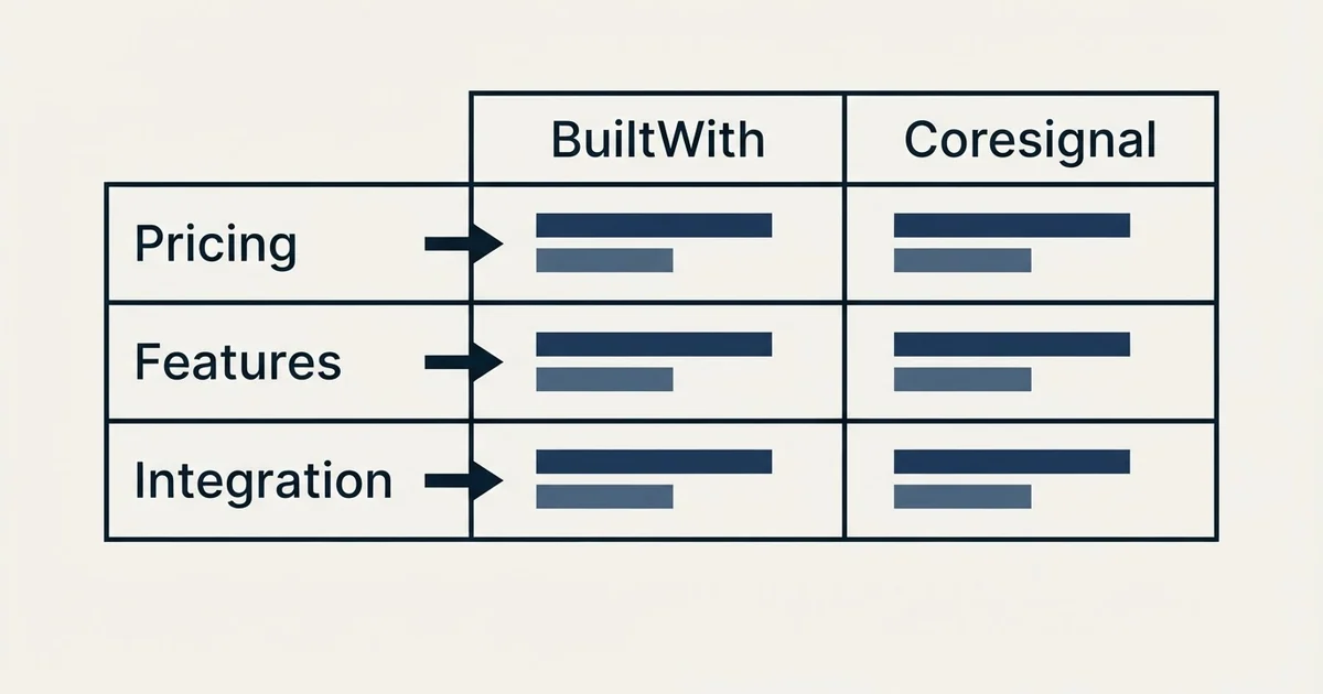Comparison panel: BuiltWith vs Coresignal (Pricing, Features, Integration)