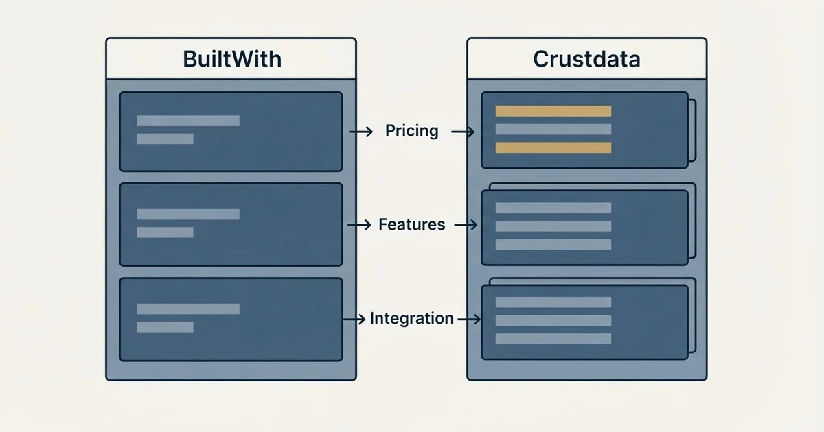 Comparison panel: BuiltWith vs Crustdata (Pricing, Features, Integration)
