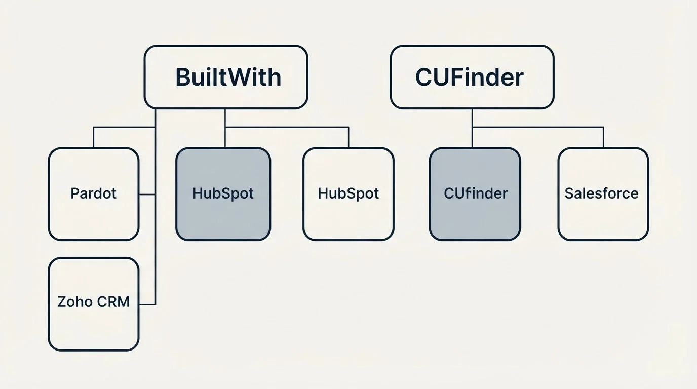 Integration grid: Integration Ecosystem (BuiltWith, CUFinder, HubSpot, Pardot)