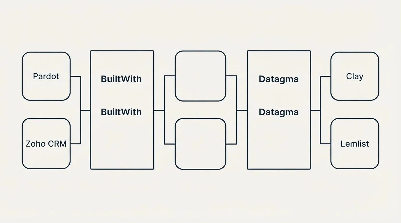 Integration flow: Integration Ecosystem (BuiltWith, Datagma, Pardot, Clay)