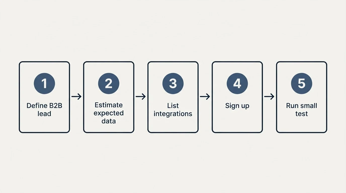 Step sequence: Getting Started Checklist (Define B2B lead, Estimate expected data, List integrations, Sign up)