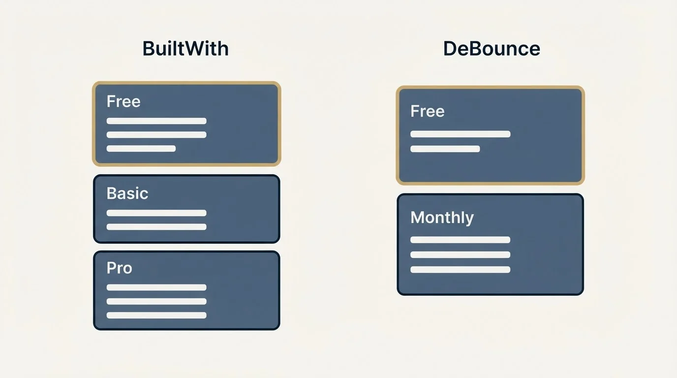 Pricing panels: Pricing Comparison (BuiltWith, DeBounce, Free, Basic)