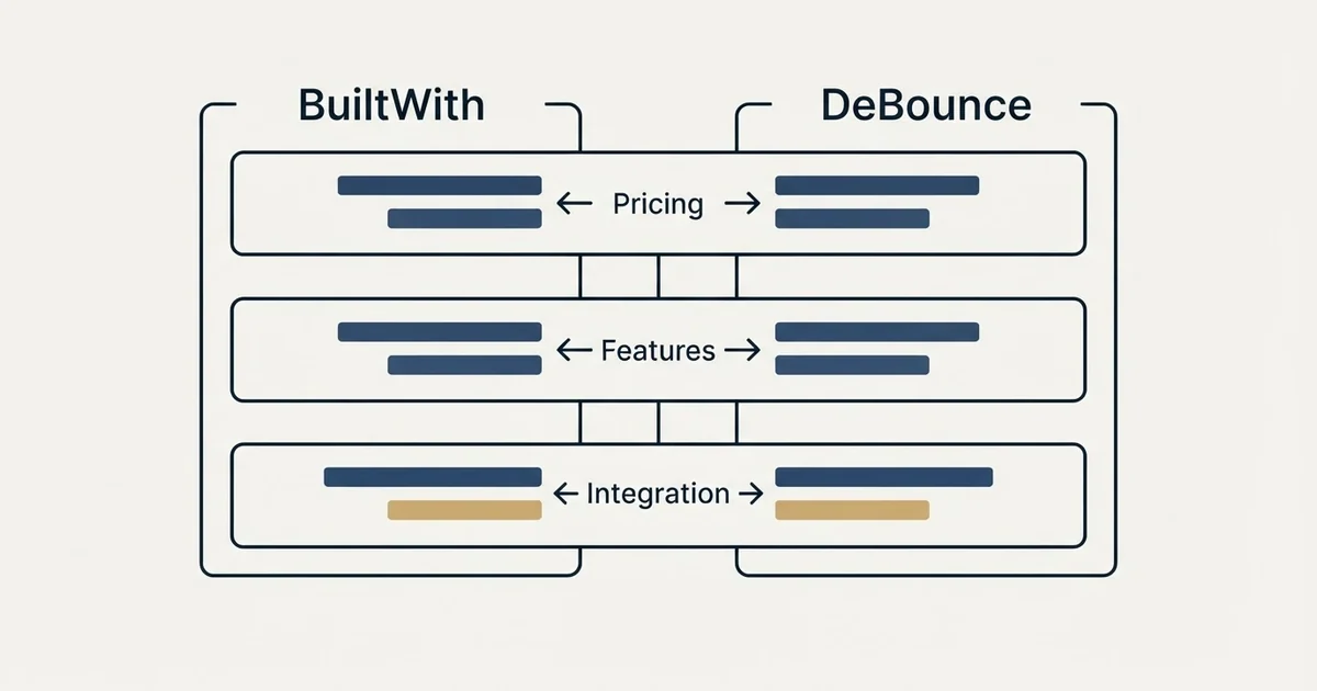 Comparison panel: BuiltWith vs DeBounce (Pricing, Features, Integration)