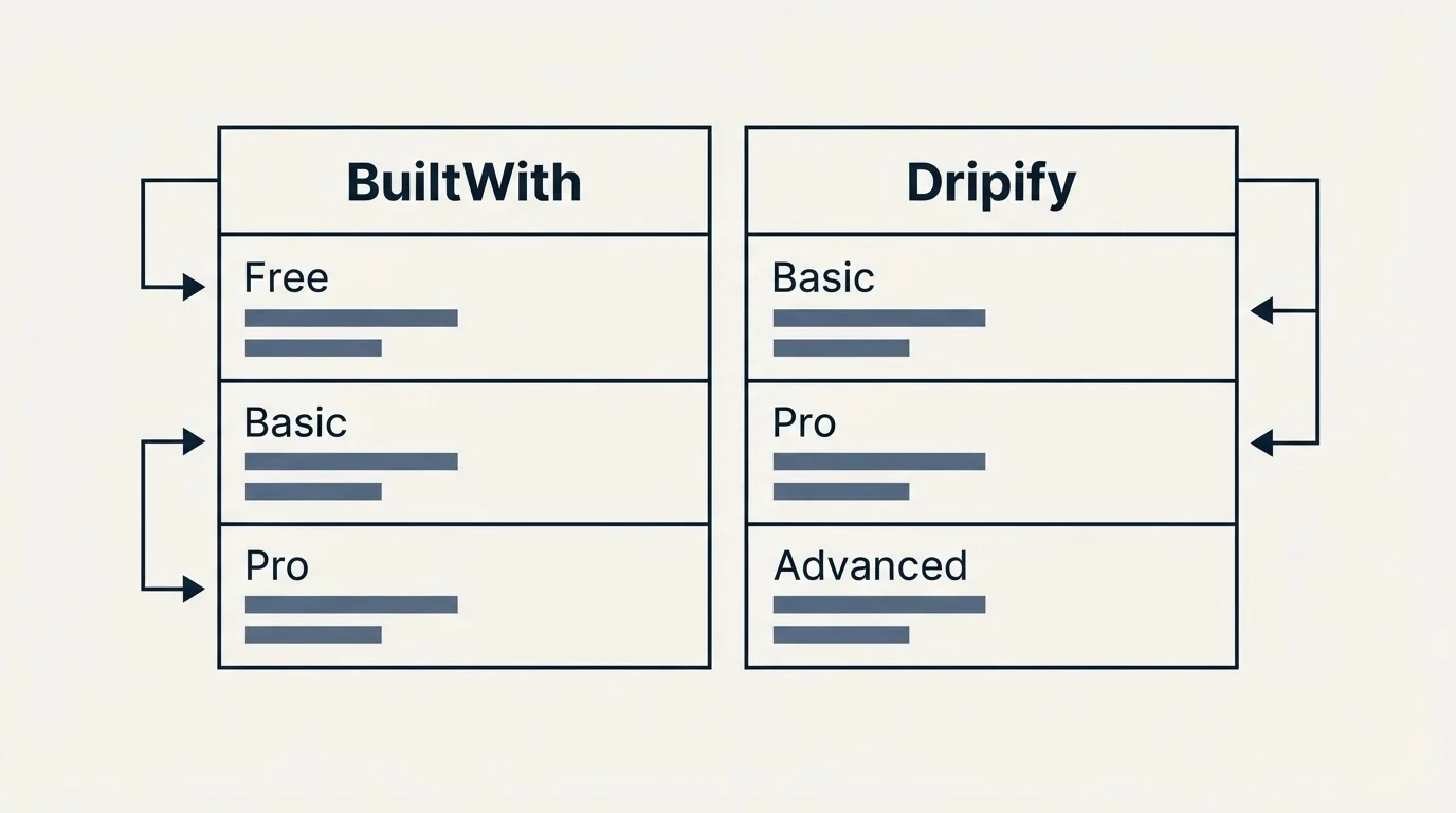 Pricing table: Pricing Comparison (BuiltWith, Dripify, Free, Basic)