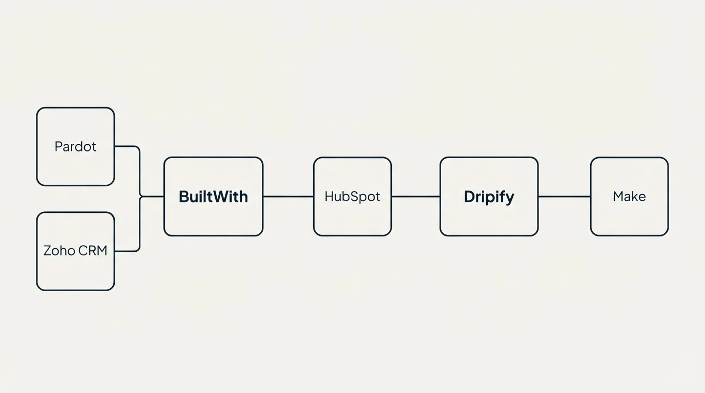 Integration flow: Integration Ecosystem (BuiltWith, Dripify, HubSpot, Pardot)