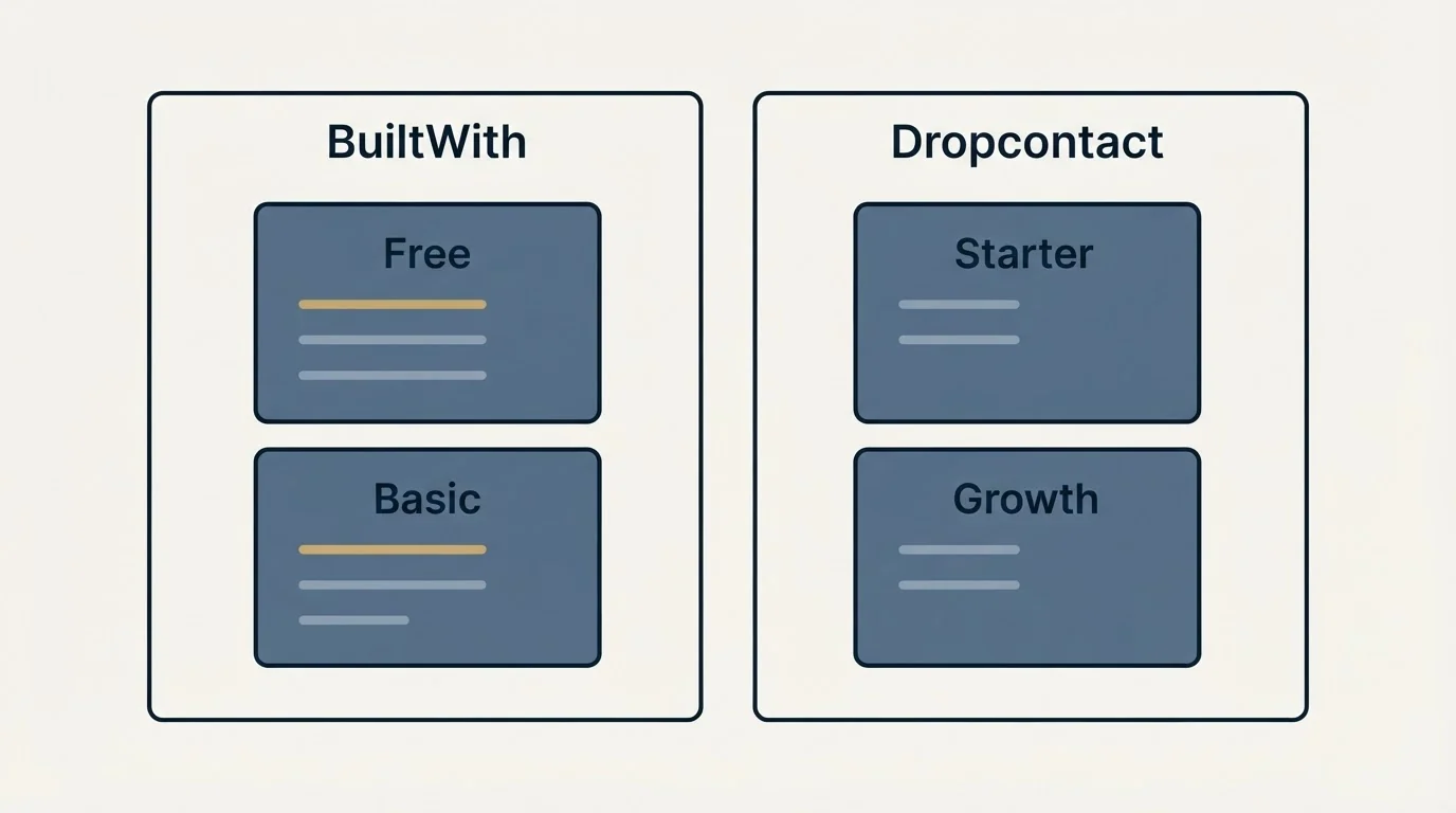 Pricing panels: Pricing Comparison (BuiltWith, Dropcontact, Free, Starter)