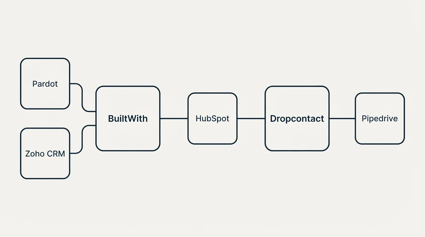 Integration schematic: Integration Ecosystem (BuiltWith, Dropcontact, HubSpot, Pardot)