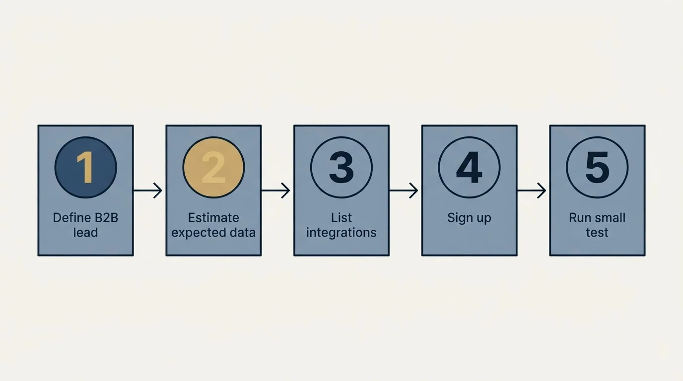 Step sequence: Getting Started Checklist (Define B2B lead, Estimate expected data, List integrations, Sign up)