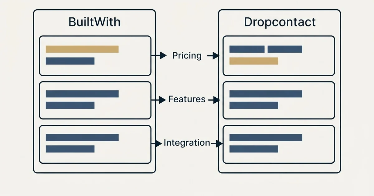 Comparison panel: BuiltWith vs Dropcontact (Pricing, Features, Integration)
