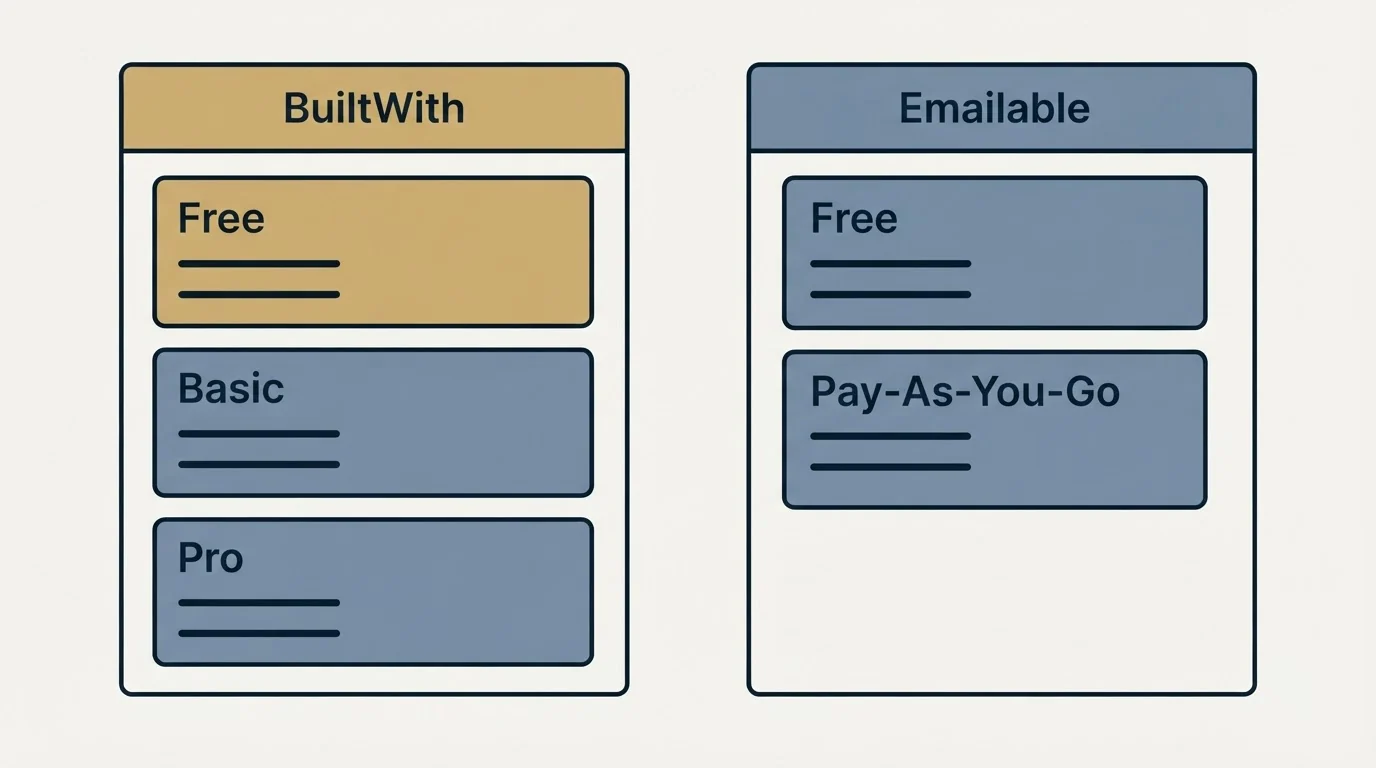 Pricing panels: Pricing Comparison (BuiltWith, Emailable, Free, Basic)