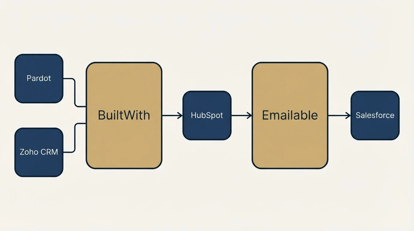 Integration schematic: Integration Ecosystem (BuiltWith, Emailable, HubSpot, Pardot)
