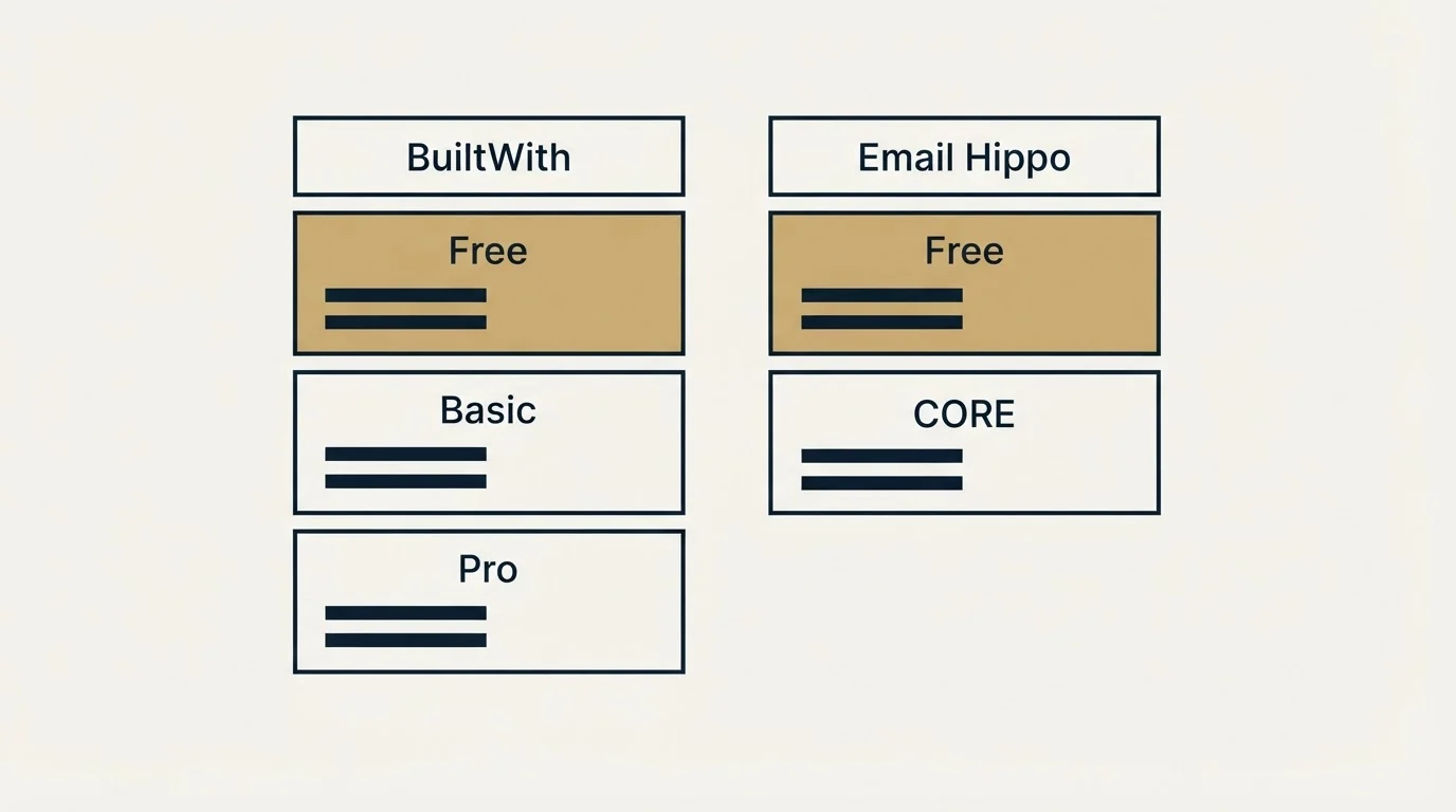 Pricing table: Pricing Comparison (BuiltWith, Email Hippo, Free, Basic)