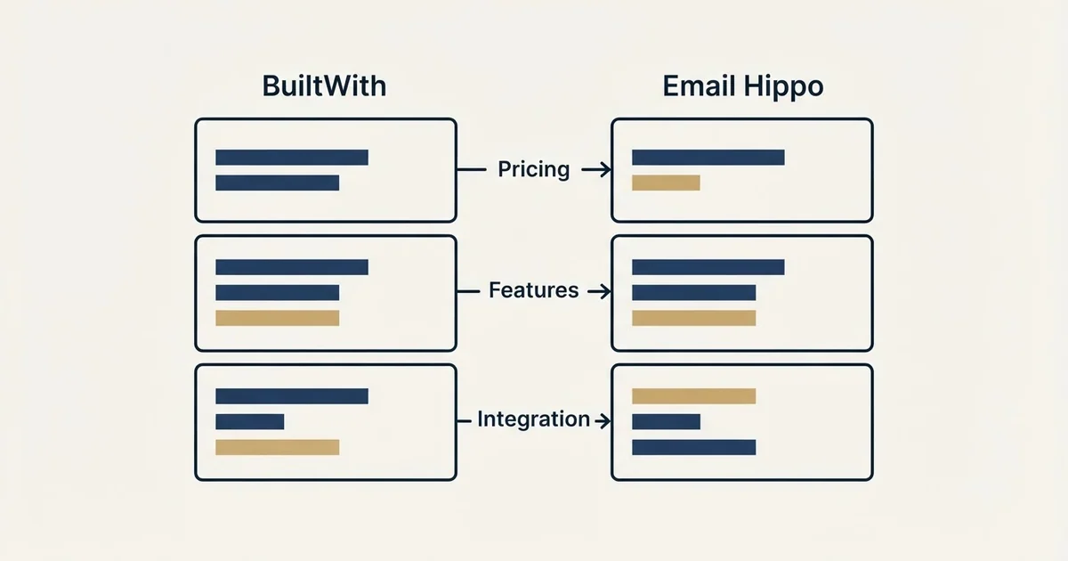 Comparison panel: BuiltWith vs Email Hippo (Pricing, Features, Integration)