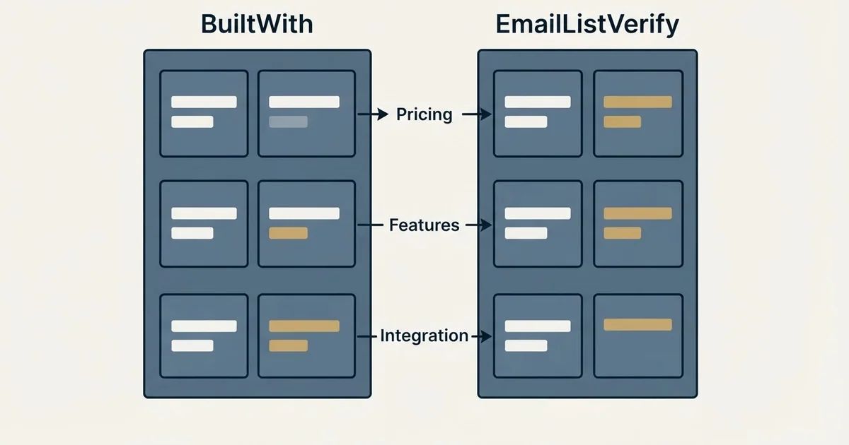 Comparison panel: BuiltWith vs EmailListVerify (Pricing, Features, Integration)