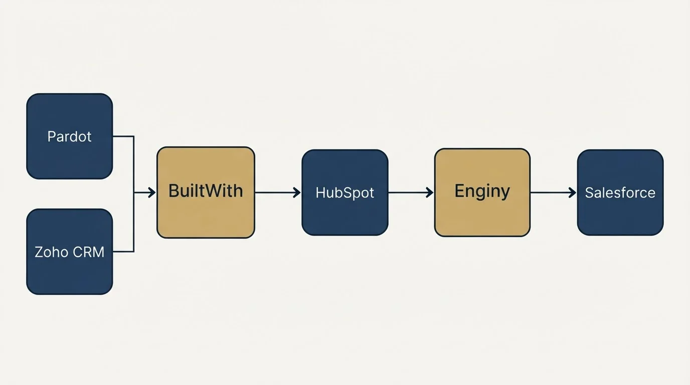 Integration flow: Integration Ecosystem (BuiltWith, Enginy, HubSpot, Pardot)