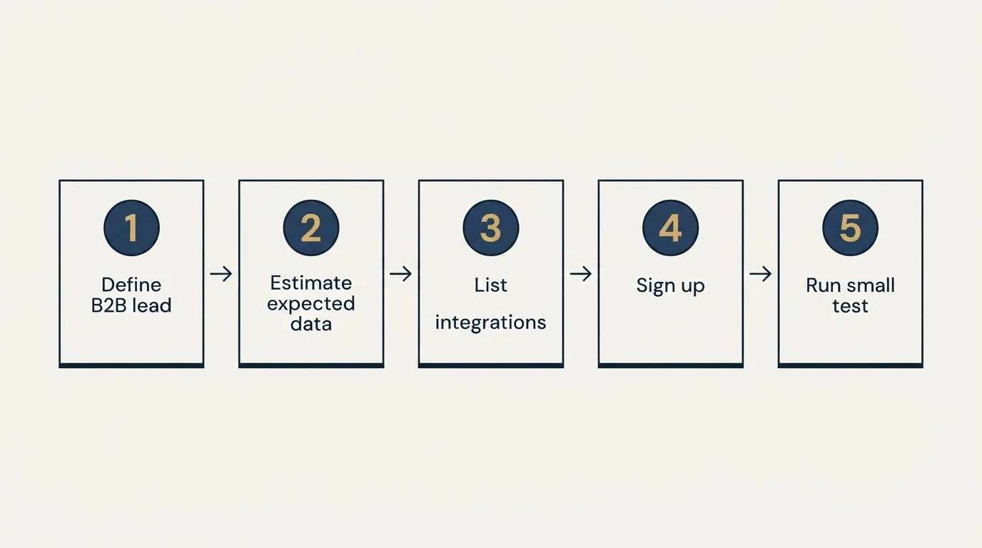 Step sequence: Getting Started Checklist (Define B2B lead, Estimate expected data, List integrations, Sign up)