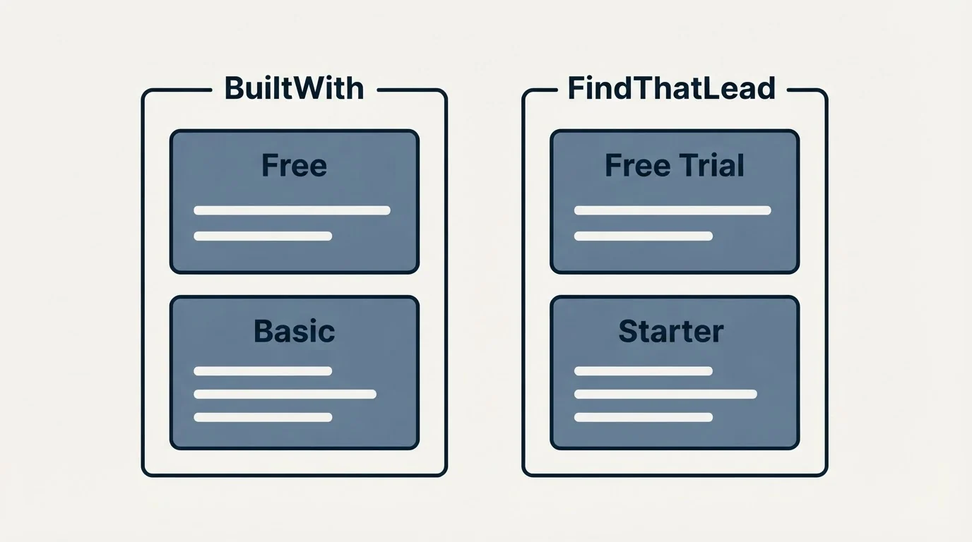 Pricing panels: Pricing Comparison (BuiltWith, FindThatLead, Free, Free Trial)