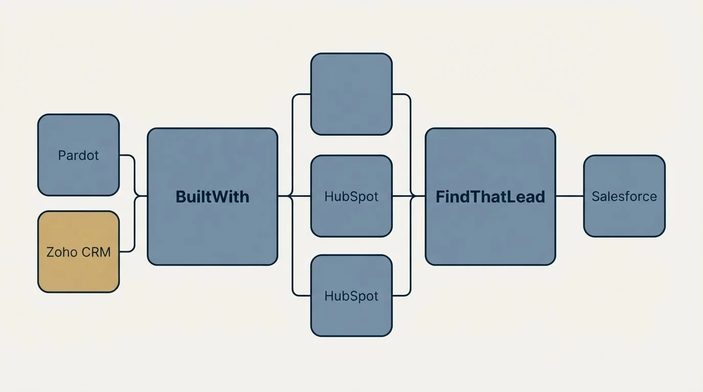 Integration flow: Integration Ecosystem (BuiltWith, FindThatLead, HubSpot, Pardot)