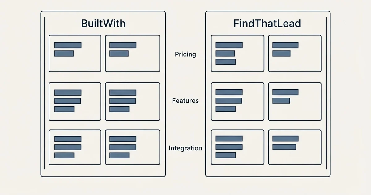 Comparison panel: BuiltWith vs FindThatLead (Pricing, Features, Integration)