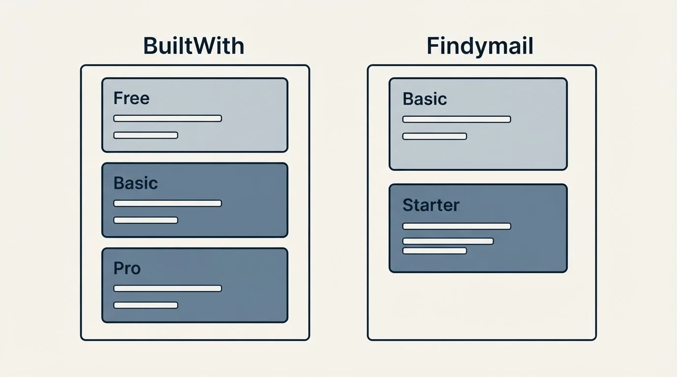Pricing panels: Pricing Comparison (BuiltWith, Findymail, Free, Basic)
