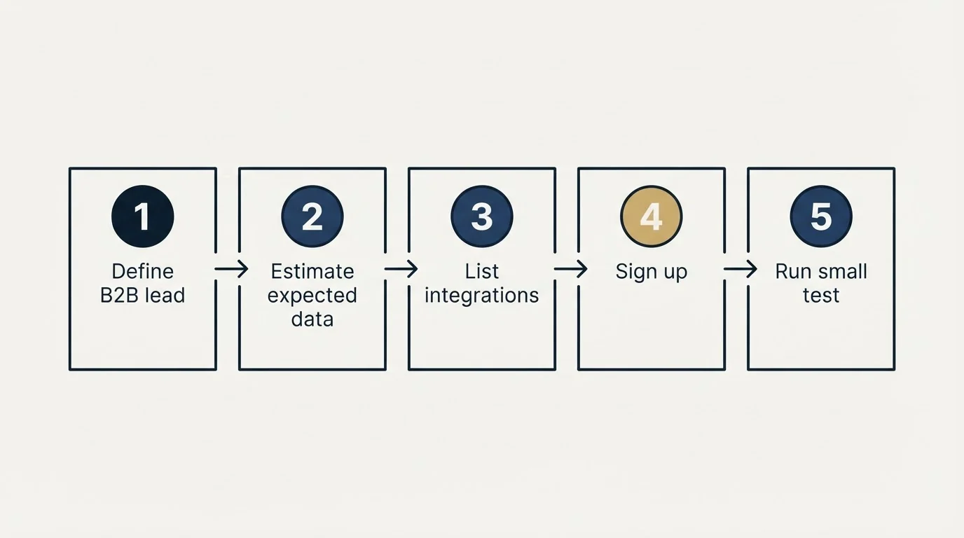 Step sequence: Getting Started Checklist (Define B2B lead, Estimate expected data, List integrations, Sign up)