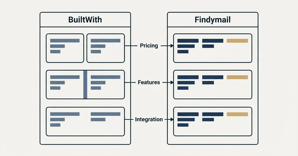 Comparison panel: BuiltWith vs Findymail (Pricing, Features, Integration)